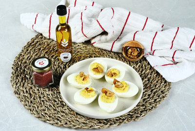 Gochujang Olive Oil Deviled Eggs with Crispy Garlic