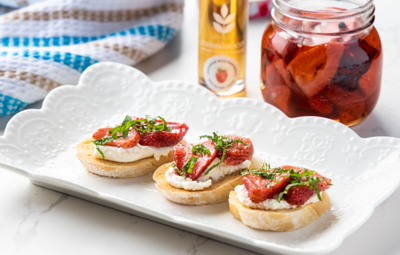 Cascadian Wild Raspberry Balsamic Pickled Strawberry & Mascarpone Crostini