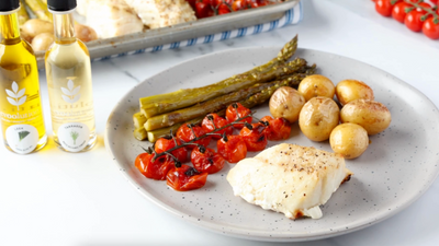 Baked Cod and Veggies with Leek Olive Oil and Tarragon Balsamic