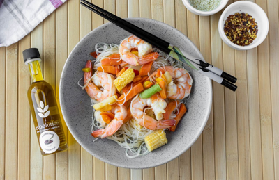 Spicy Prawn Stir Fry Noodles with Gochujang Olive Oil