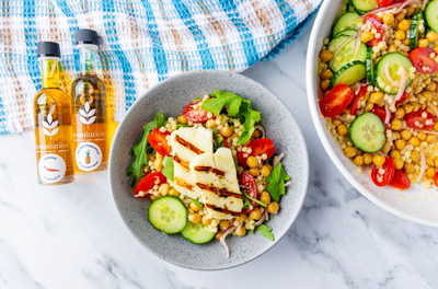 Halloumi Couscous Salad with Harissa Olive Oil and Pineapple Balsamic