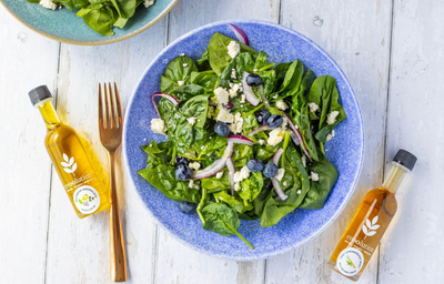 Blueberry Spinach Salad with Milanese Gremolata Olive Oil and Thai Lemongrass Mint Balsamic
