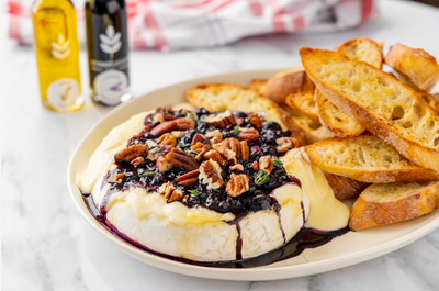 Baked Brie with Blueberry Lavender Balsamic Compote and Thyme Olive Oil Crostini